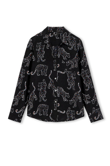 Black silk shirt with white jaguar print all over with classic shirt detailing