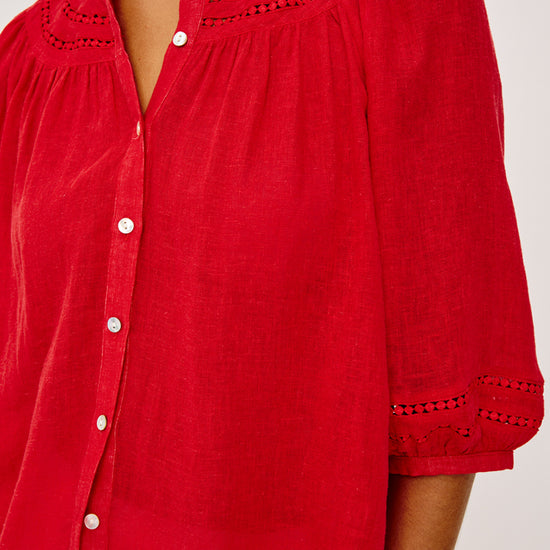elbow length sleeve button down red top with round neck from rails model