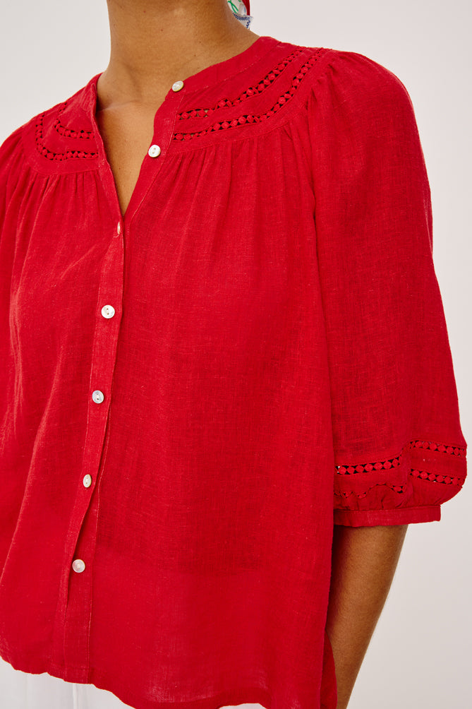 elbow length sleeve button down red top with round neck from rails model