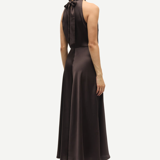 navy blue halterneck dress with open back and tie detail from samsoe samsoe rear view