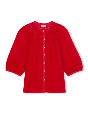 elbow length sleeve button down red top with round neck from rails