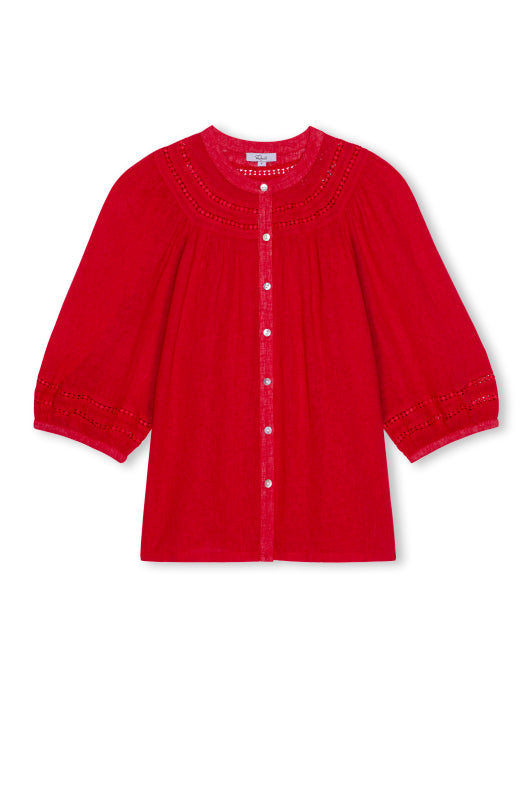 elbow length sleeve button down red top with round neck from rails