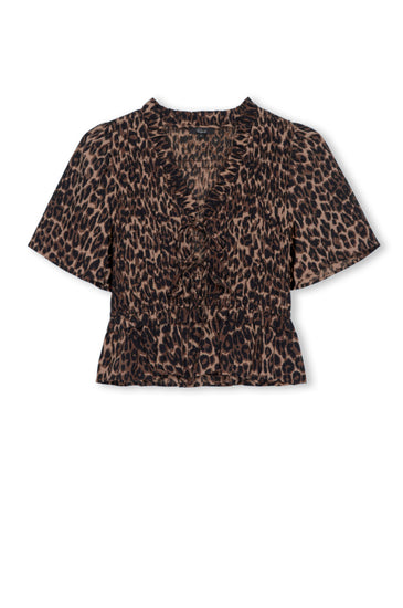 animal print v neck short sleeve top with tie detailing and ruffled neck 