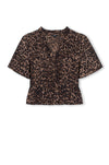 animal print v neck short sleeve top with tie detailing and ruffled neck 