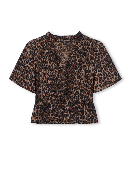 animal print v neck short sleeve top with tie detailing and ruffled neck 