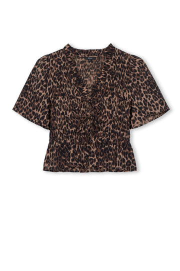 animal print v neck short sleeve top with tie detailing and ruffled neck 