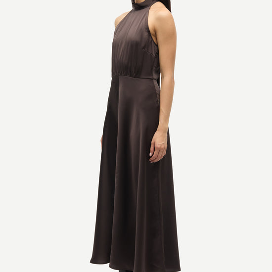 navy blue halterneck dress with open back and tie detail from samsoe samsoe side view