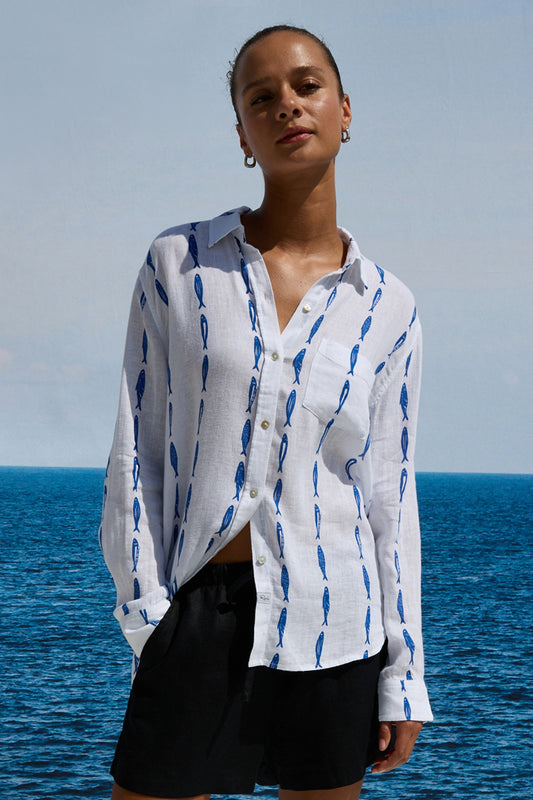 white shirt with trailing blue sardine print throughout from rails model shot