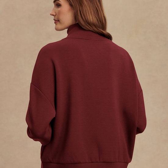 maroon high neck quarter zip jumper with zip detailing and relaxed fit rear view