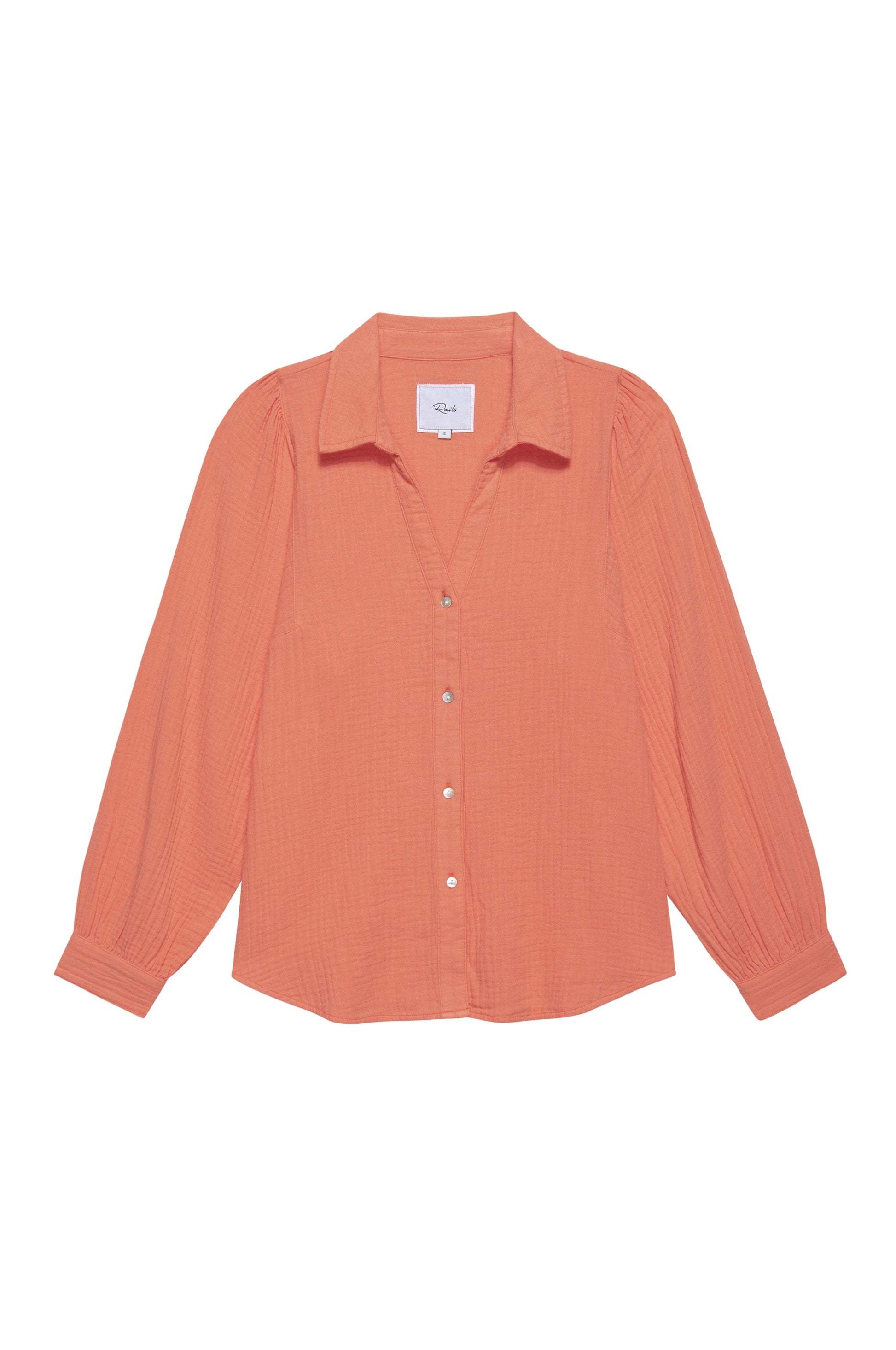 Papaya orange double gauze shirt with long sleeves and a classic collar