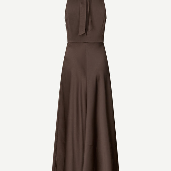 navy blue halterneck dress with open back and tie detail from samsoe samsoe rear view