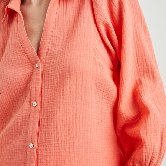 Papaya orange double gauze shirt with long sleeves and a classic collar