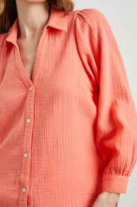 Papaya orange double gauze shirt with long sleeves and a classic collar