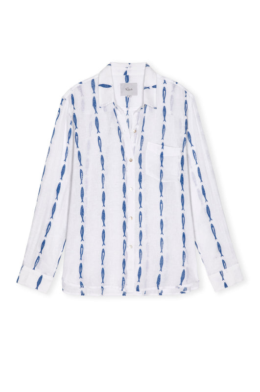 white shirt with trailing blue sardine print throughout from rails
