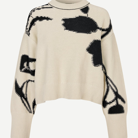 round neck cream cotton jumper with black floral print and ribbed hem, cuffs and neck from samsoe