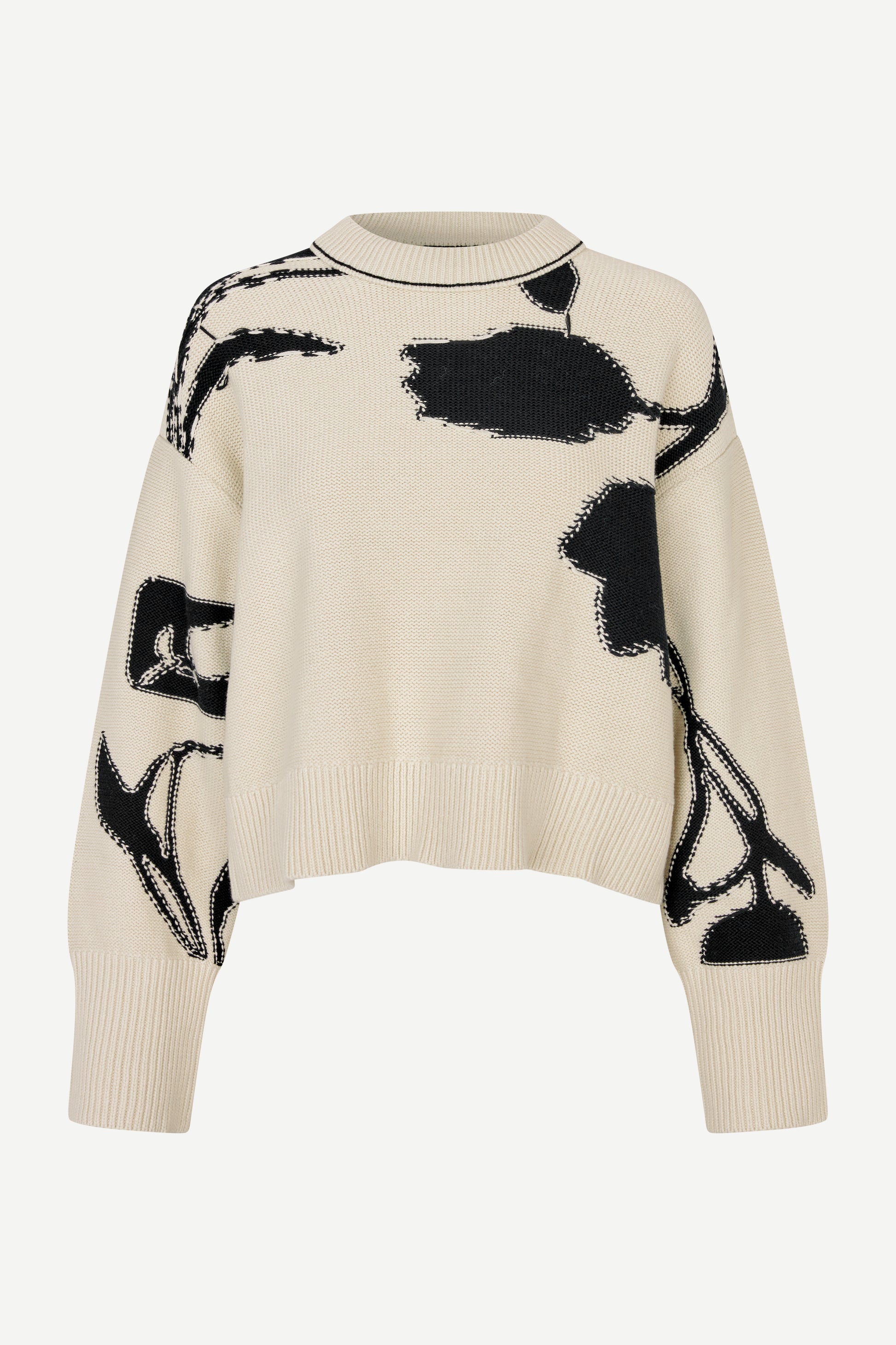 round neck cream cotton jumper with black floral print and ribbed hem, cuffs and neck from samsoe