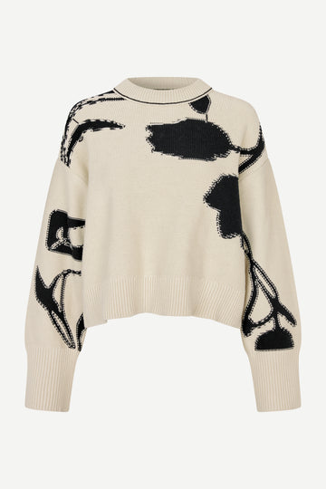 round neck cream cotton jumper with black floral print and ribbed hem, cuffs and neck from samsoe