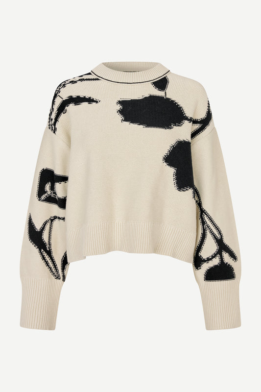 round neck cream cotton jumper with black floral print and ribbed hem, cuffs and neck from samsoe