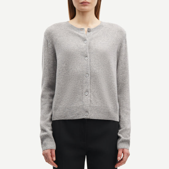 round neck grey mel cardigan with long sleeves from samsoe samsoe model shot