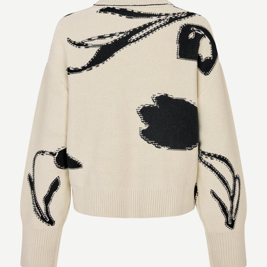 round neck cream cotton jumper with black floral print and ribbed hem, cuffs and neck from samsoe rear view