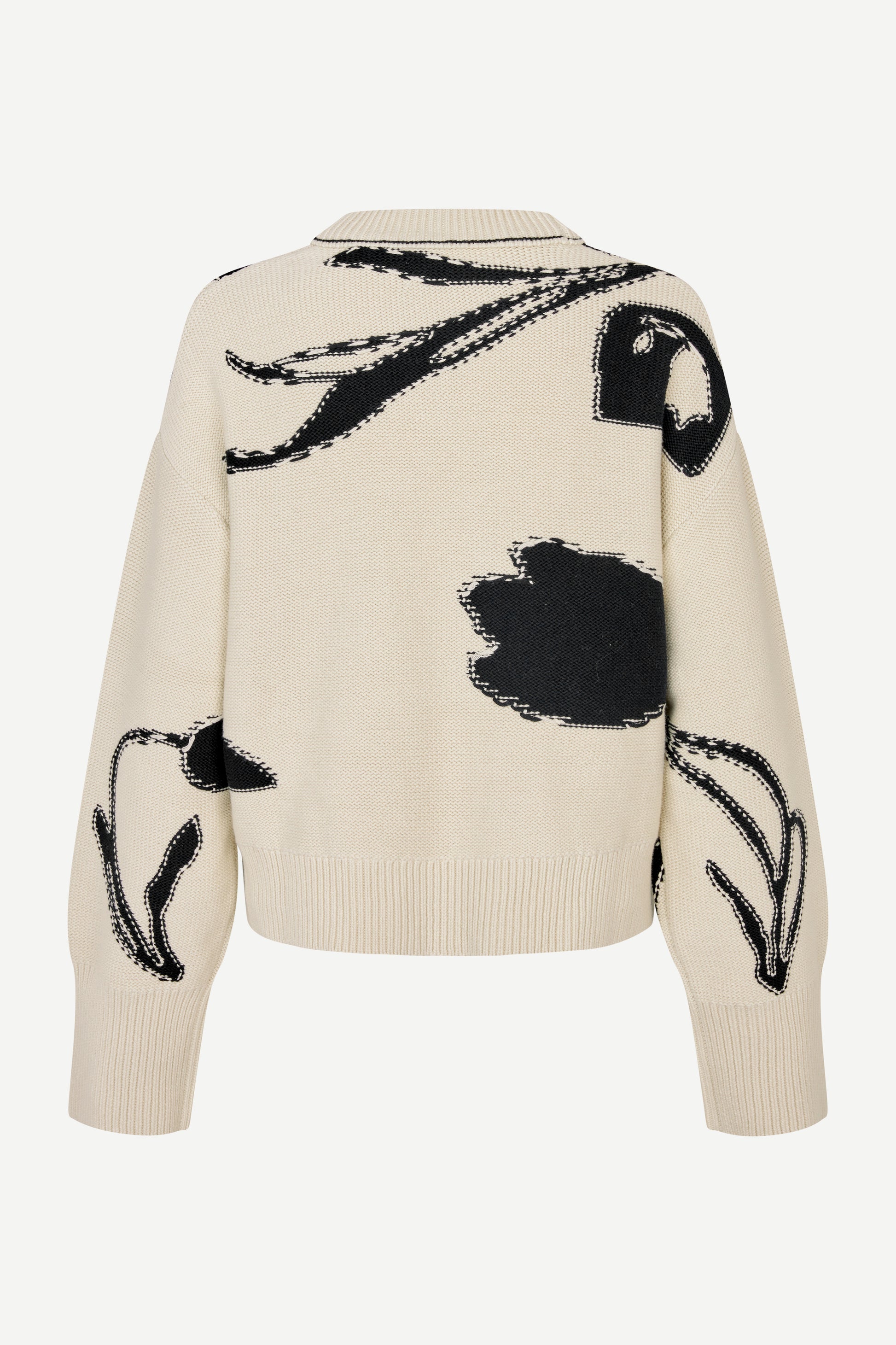round neck cream cotton jumper with black floral print and ribbed hem, cuffs and neck from samsoe rear view
