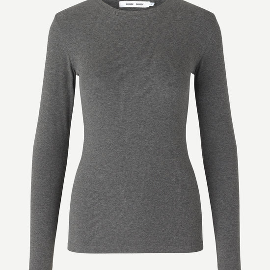 round neck ribbed long sleeves cotton top in dark grey from samsoe samsoe