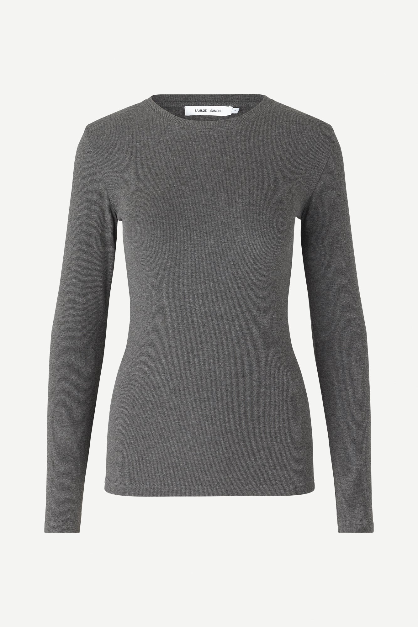 round neck ribbed long sleeves cotton top in dark grey from samsoe samsoe