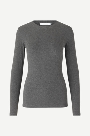 round neck ribbed long sleeves cotton top in dark grey from samsoe samsoe