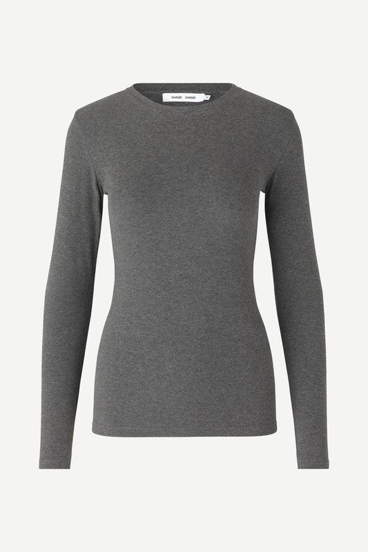 round neck ribbed long sleeves cotton top in dark grey from samsoe samsoe