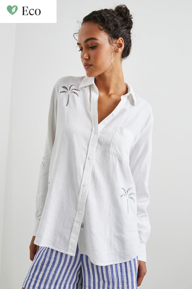 White linen shirt with palm tree cut out detail