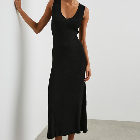 Black V neck midi ribbed fitted dress