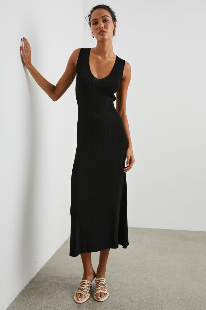 Black V neck midi ribbed fitted dress