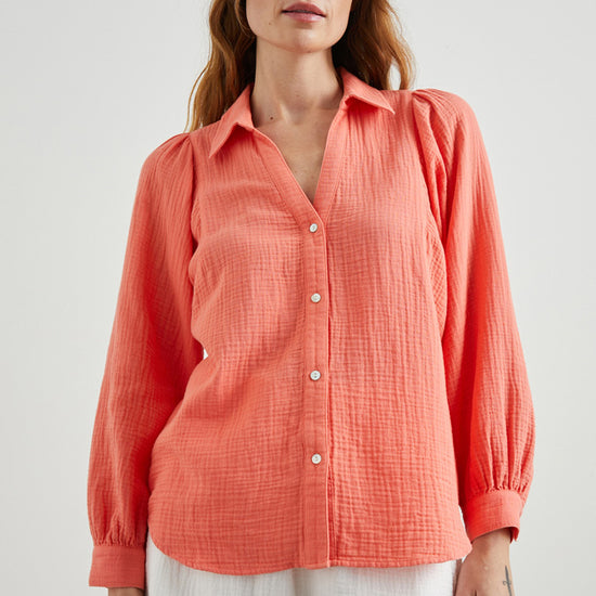 Papaya orange double gauze shirt with long sleeves and a classic collar