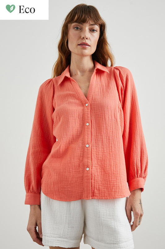 Papaya orange double gauze shirt with long sleeves and a classic collar