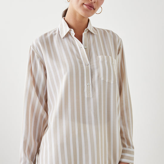 Beige and ecru striped shirt with patch chest pocket