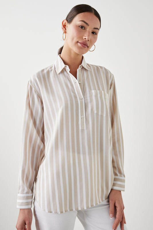 Beige and ecru striped shirt with patch chest pocket