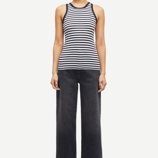 navy stripe tank with round neck and sleeveless, racerback model shot