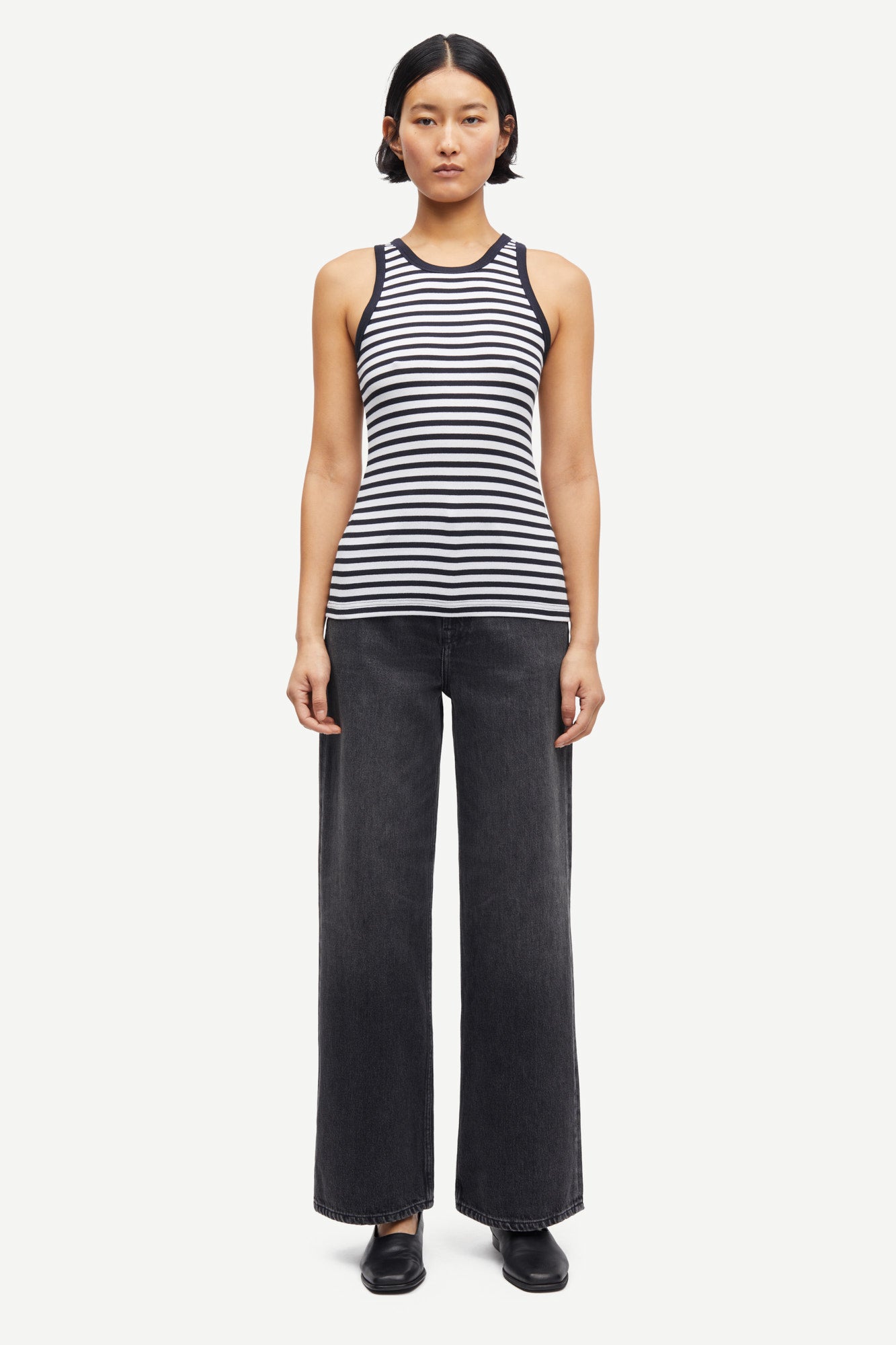 navy stripe tank with round neck and sleeveless, racerback model shot