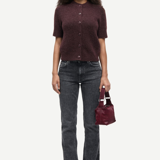 short sleeve dark burgundy wool mix cardigan with burgundy buttons from samsoe samsoe model shot