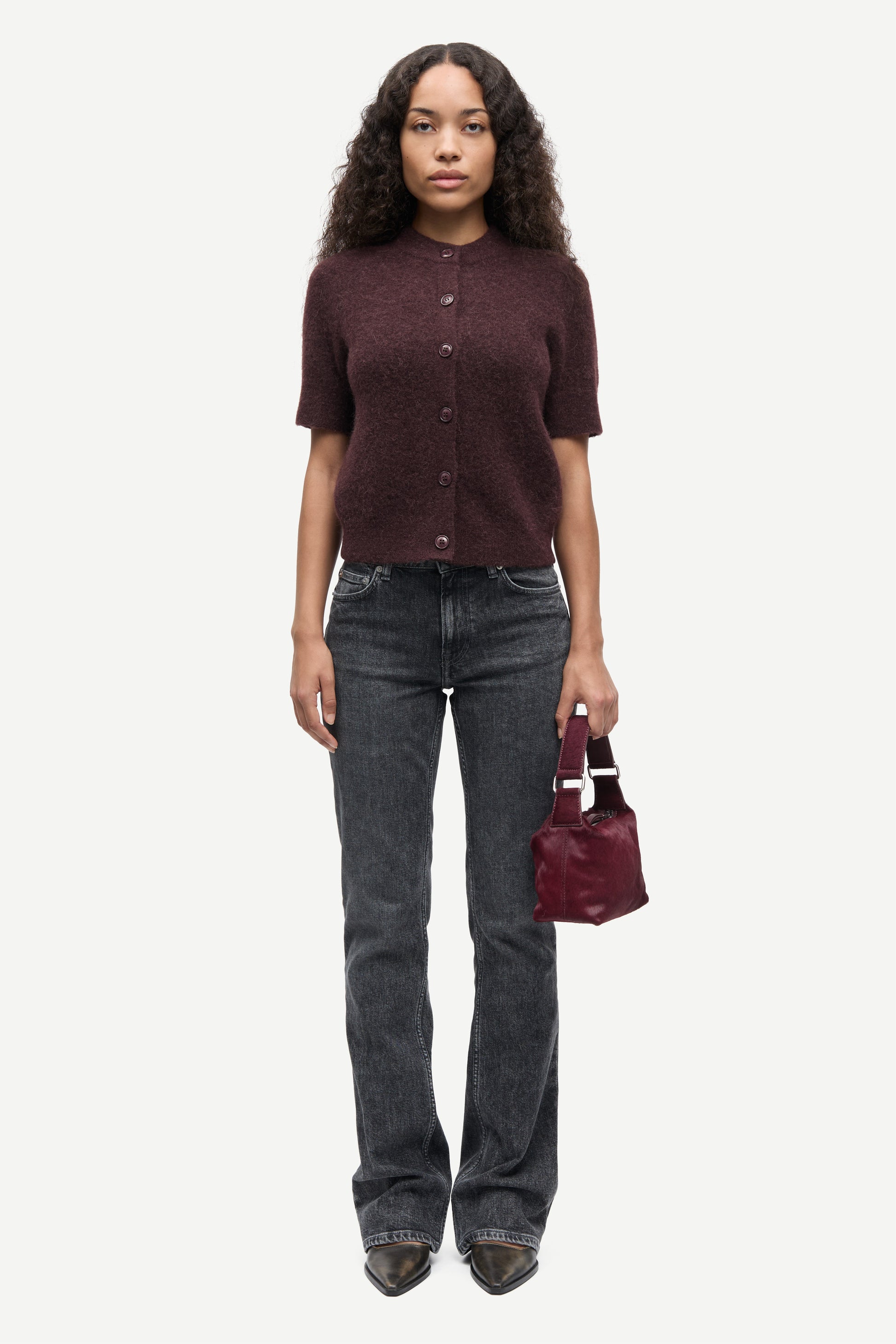 short sleeve dark burgundy wool mix cardigan with burgundy buttons from samsoe samsoe model shot