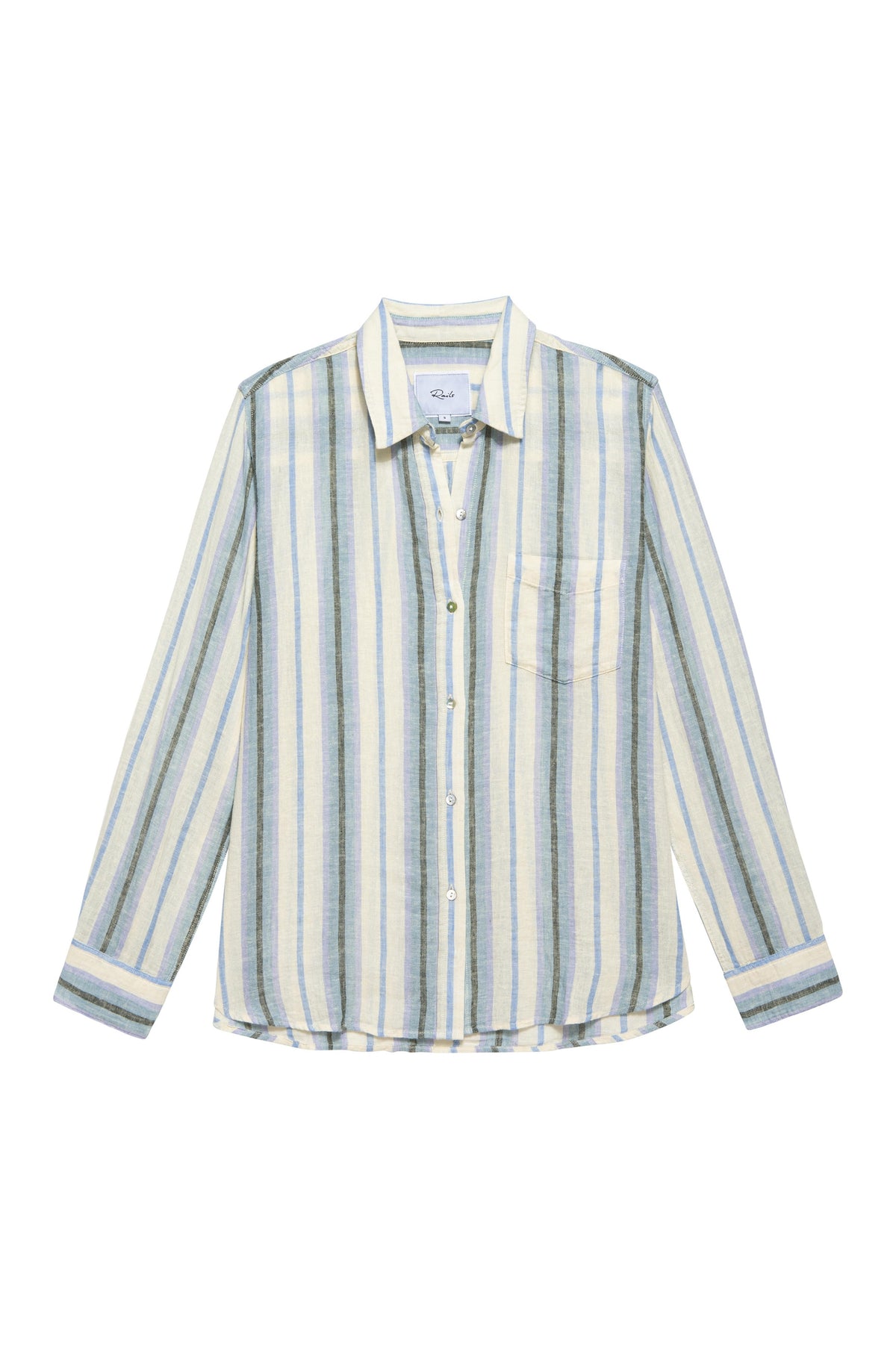Ecru and blue striped shirt with classic collar and long sleeves