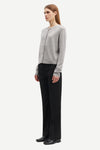 round neck grey mel cardigan with long sleeves from samsoe samsoe model shot side view