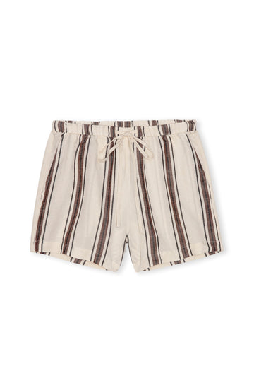 elasticated waist off white cotton shorts with brown stripe and drawstring waist from rails