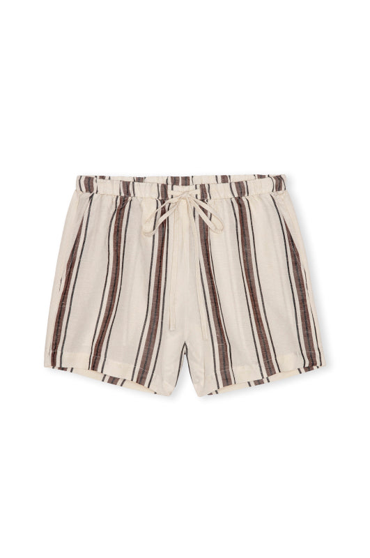 elasticated waist off white cotton shorts with brown stripe and drawstring waist from rails