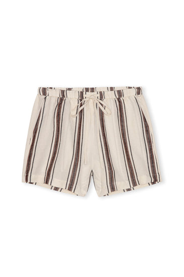 elasticated waist off white cotton shorts with brown stripe and drawstring waist from rails