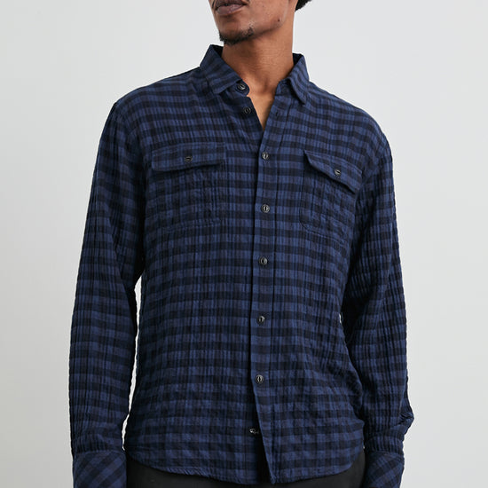 Blue check shirt with classic collar and long sleeves