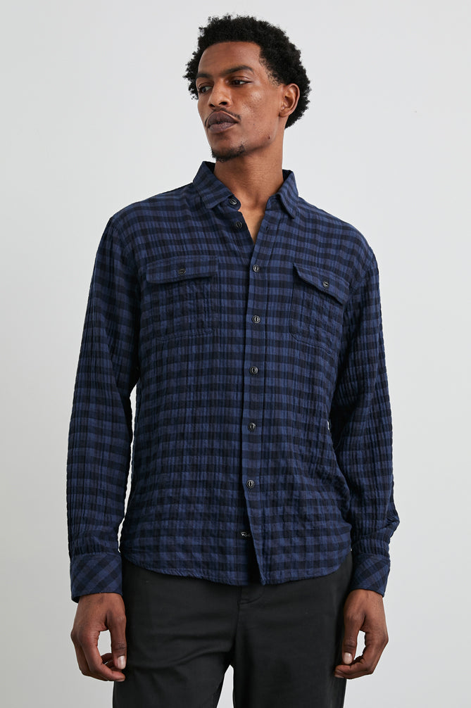 Blue check shirt with classic collar and long sleeves