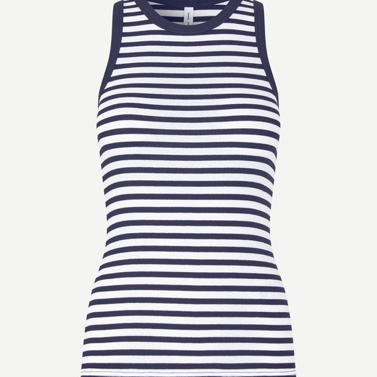 navy stripe tank with round neck and sleeveless, racerback 