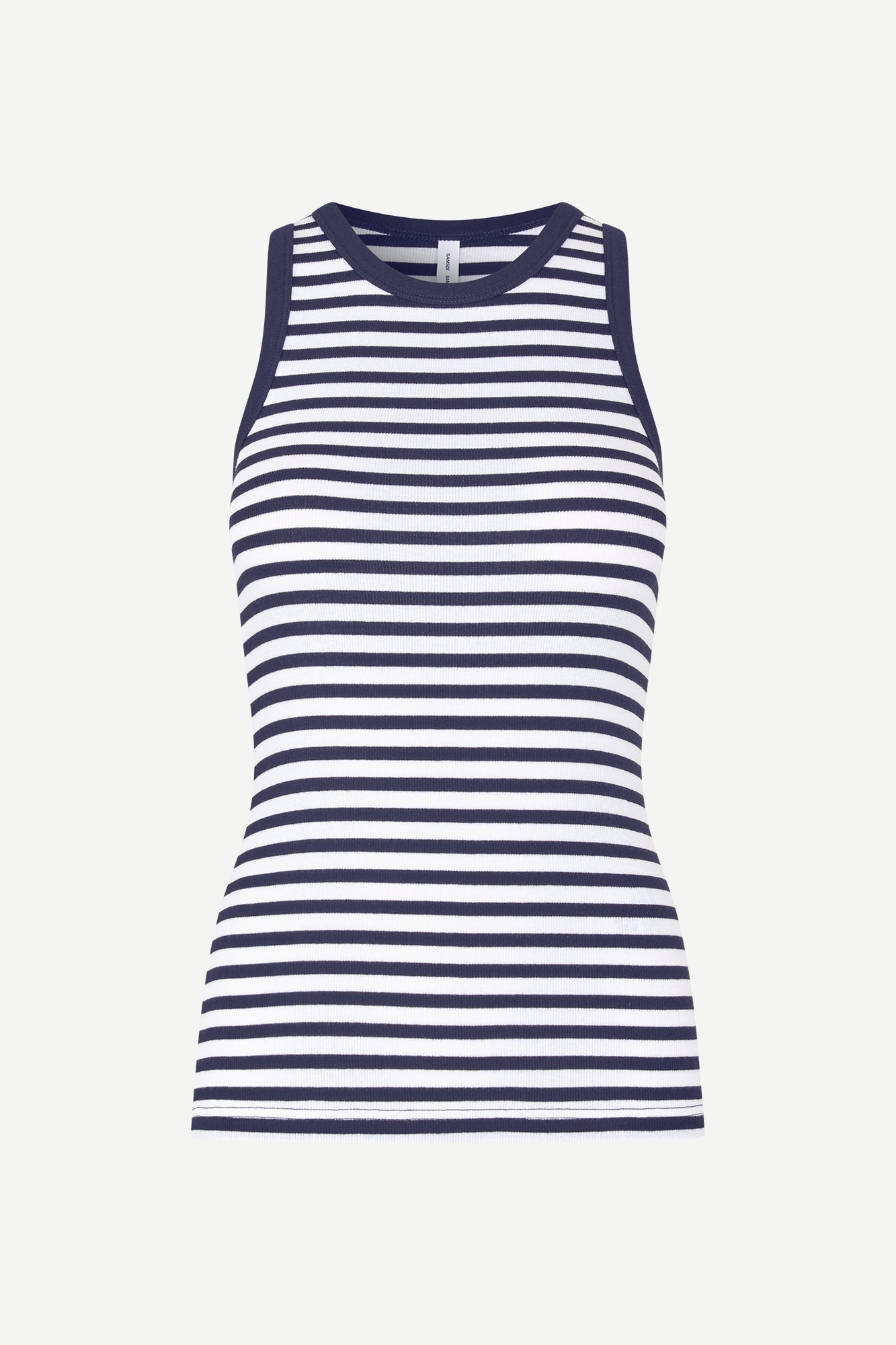 navy stripe tank with round neck and sleeveless, racerback 