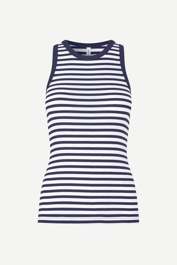 navy stripe tank with round neck and sleeveless, racerback 